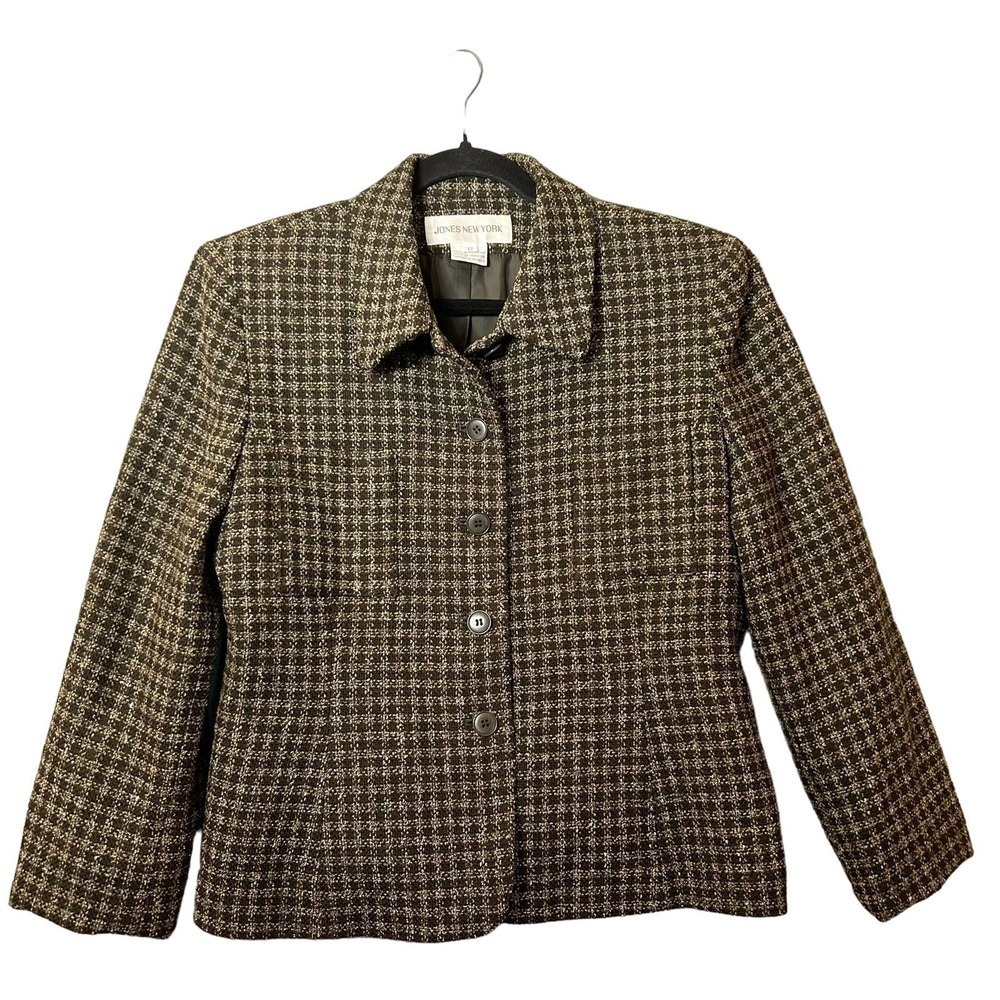 Jones New York Blazer Womens 12 Green Wool Silk‎ Blend Plaid Jacket Career Work